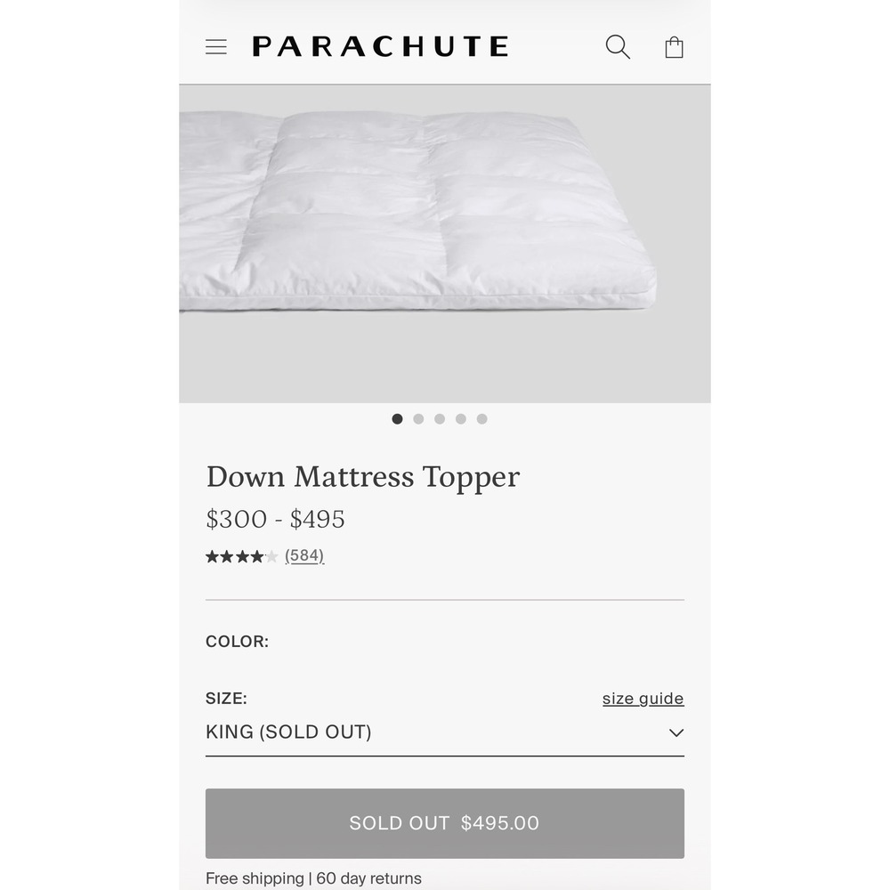 Parachute King Down Mattress Topper 750 Fill Power White